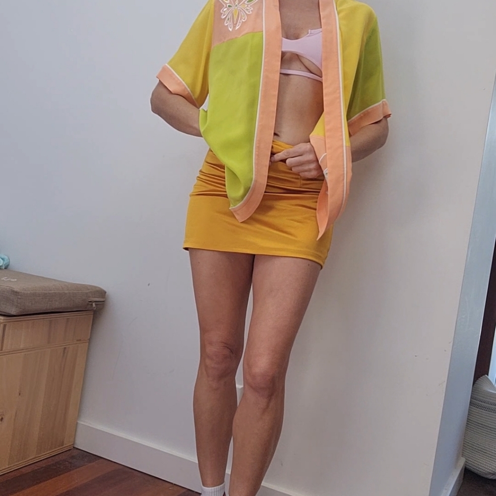 Bob Mackie Zendaya favorite peach lime butterfly 100% silk festival blouse top s - Picture 5 of 7